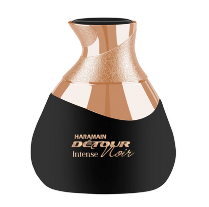 Al Haramain Detour Noir Intense bottle with a rounded black base, sculpted rose-gold top, black oval upper surface and rose-gold lettering on white.