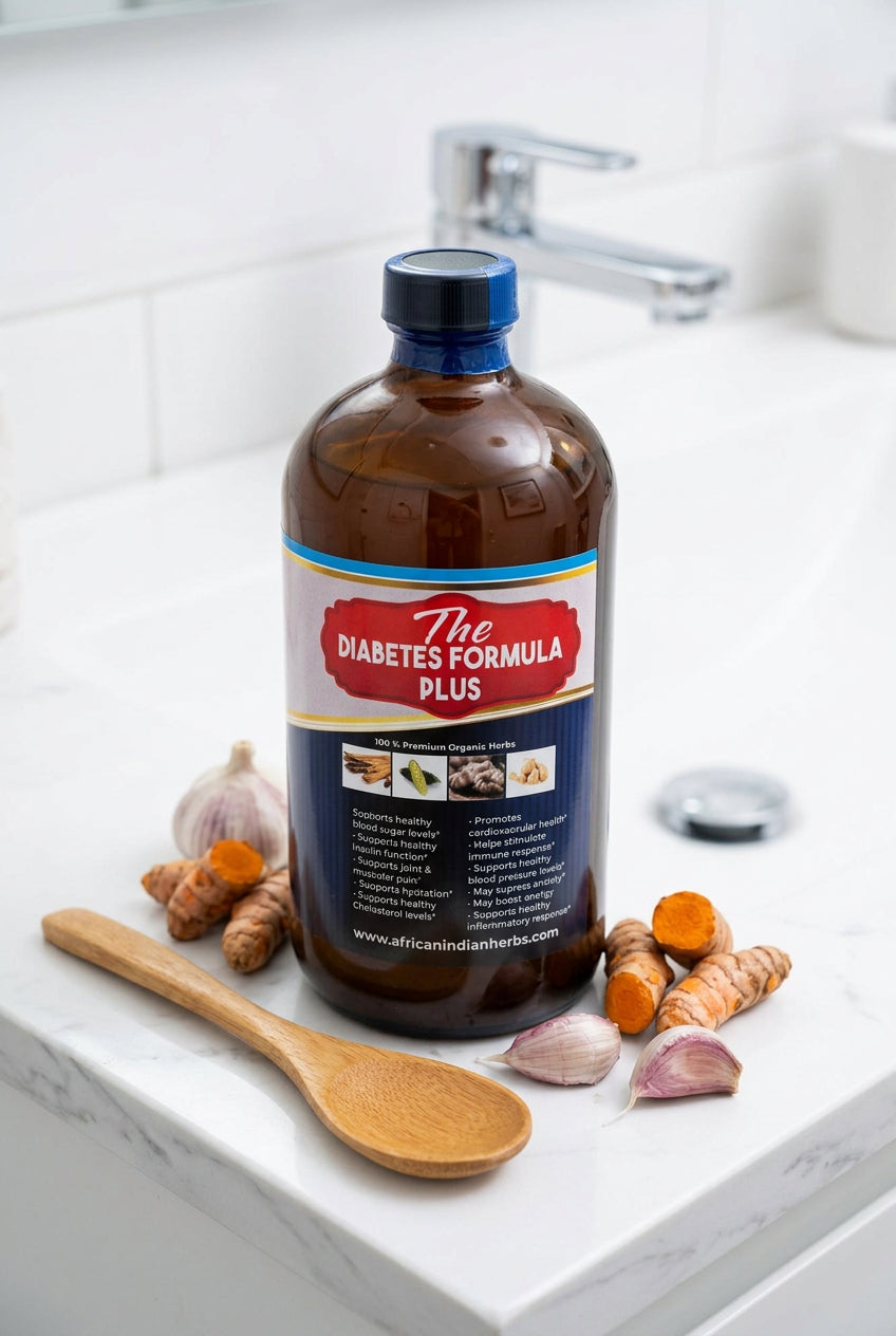 African Indian Herbs The Diabetes Formula Plus bottle on a white counter with roots and botanical props