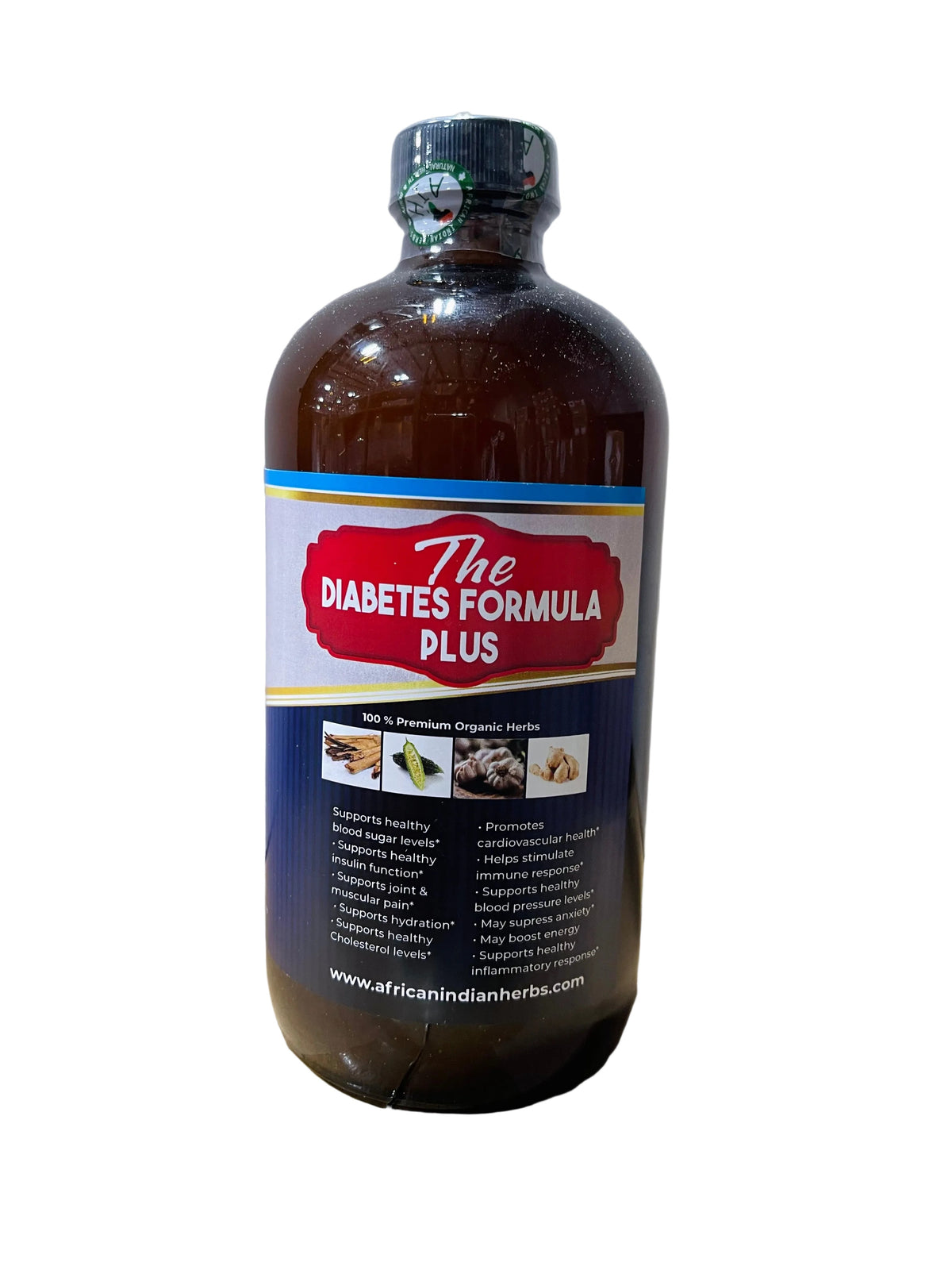 African Indian Herbs The Diabetes Formula Plus bottle with red and white Diabetes Formula Plus panel