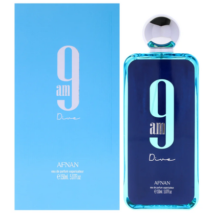 Afnan 9am Dive blue rectangular perfume bottle with dark blue front, large pale 9 lettering and round silver cap, beside its bright blue 150ml box on white.