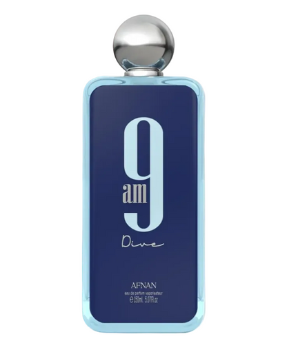 Afnan 9am Dive bottle with turquoise glass border, dark blue front, large pale 9am lettering and spherical silver cap, isolated on white.