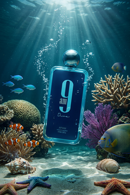 Afnan 9am Dive blue bottle with spherical silver cap in an underwater scene with bubbles, sun rays, colorful fish, coral, shells and starfish.