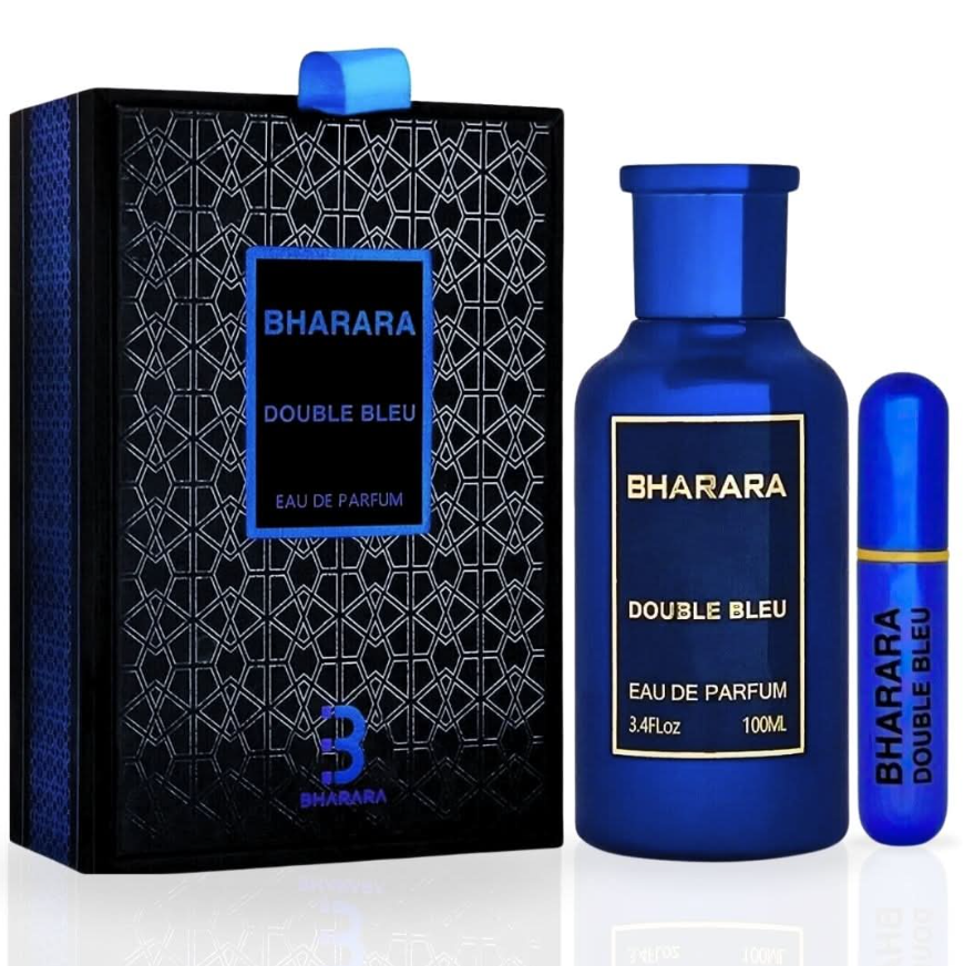Cobalt-blue Bharara Double Bleu bottle with matching cap, gold-bordered label and blue travel spray beside a black geometric-patterned box with a blue ribbon tab on white.