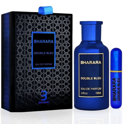 Cobalt-blue Bharara Double Bleu bottle with matching cap, gold-bordered label and blue travel spray beside a black geometric-patterned box with a blue ribbon tab on white.