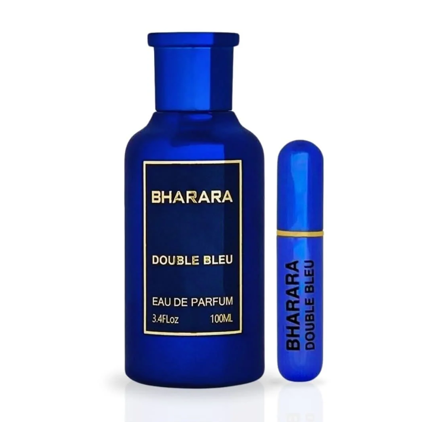 Bharara Double Bleu cobalt-blue bottle with a tall matching cap and gold-bordered dark label beside a slim blue travel spray with a gold band on a white background.