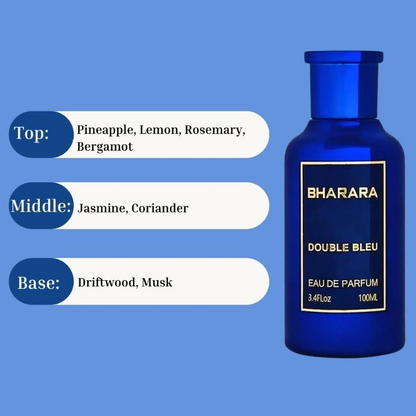 Blue Bharara Double Bleu bottle and cap beside a blue notes chart: pineapple, lemon, rosemary and bergamot; jasmine and coriander; driftwood and musk.