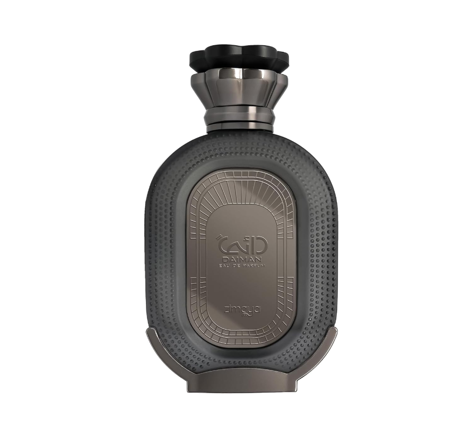 Zimaya Daiman Eclipse oval charcoal bottle with dotted outer texture, engraved metallic front panel, flared dark cap and curved metallic foot, isolated on white.