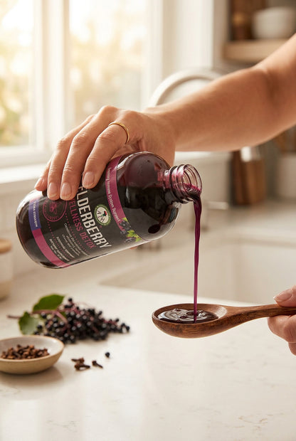 African Indian Herbs Elderberry Wellness Detox liquid being poured from the bottle onto a spoon