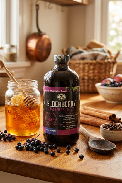 African Indian Herbs Elderberry Wellness Detox bottle on a kitchen table beside berries and a honey jar