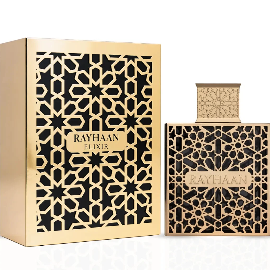 Rayhaan Elixir black and gold lattice bottle beside its matching gold box