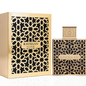 Rayhaan Elixir black and gold lattice bottle beside its matching gold box