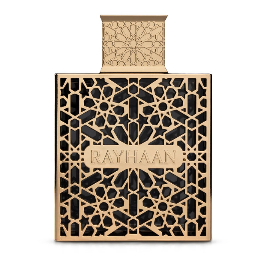 Rayhaan Elixir front view of the black bottle with gold lattice detailing