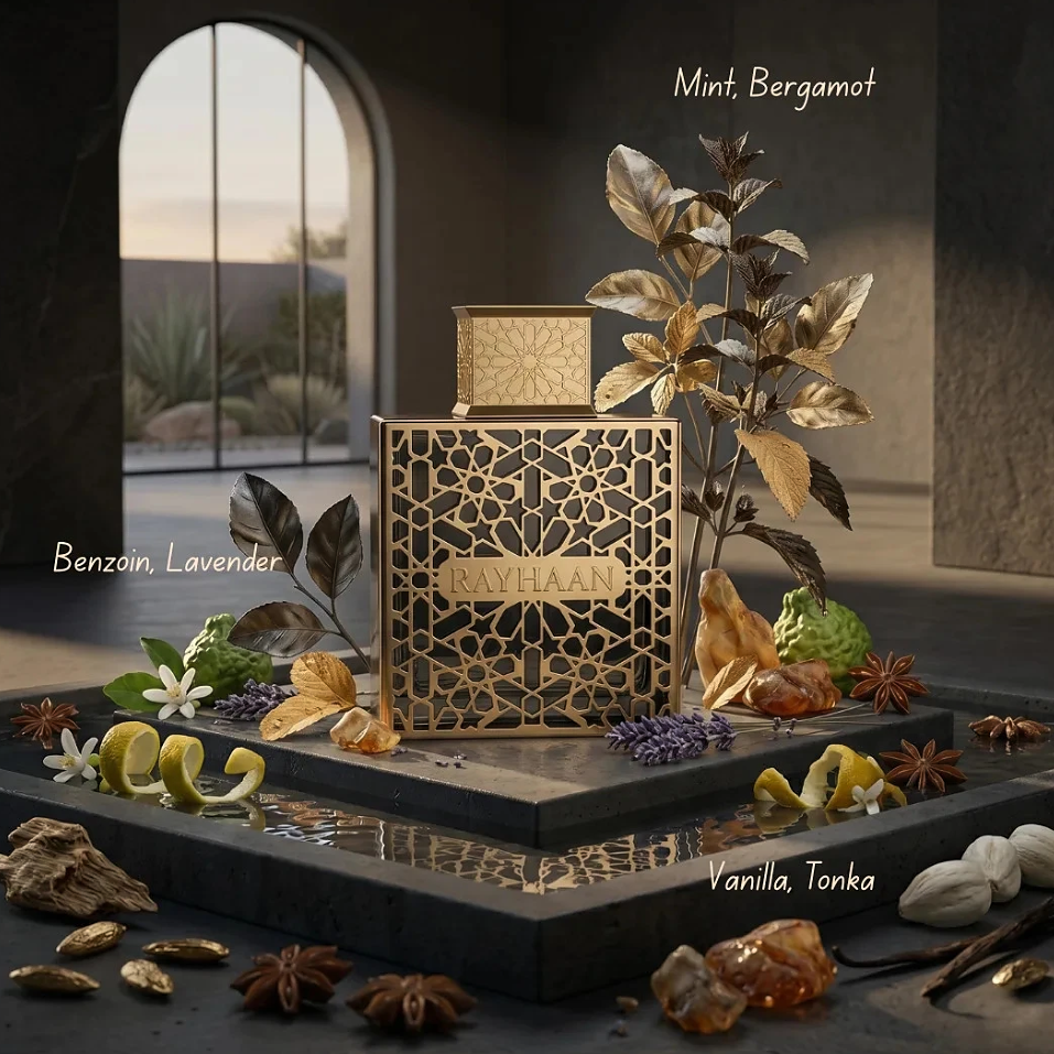 Rayhaan Elixir bottle displayed with citrus peel, lavender and resin-inspired props