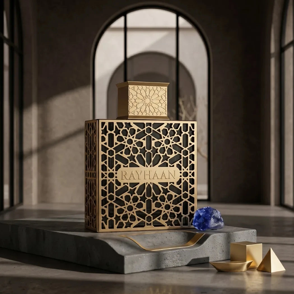 Rayhaan Elixir bottle on a stone plinth in a dark arched interior