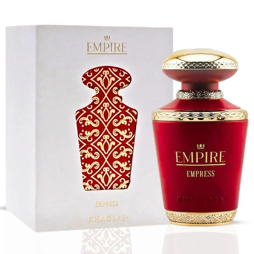 Khadlaj Empire Empress red bottle with gold trim beside its white and red decorative box