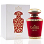 Khadlaj Empire Empress red bottle with gold trim beside its white and red decorative box