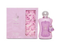 Zimaya Fatima Velvet Love pink curved perfume bottle with silver ball cap, ornate purple front design and twin tassels, beside its pink box with rose graphics on white.