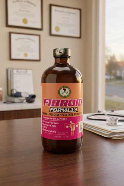 African Indian Herbs Fibroid Formula bottle on a desk in an office setting