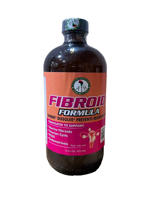 African Indian Herbs Fibroid Formula bottle with pink Fibroid Formula label