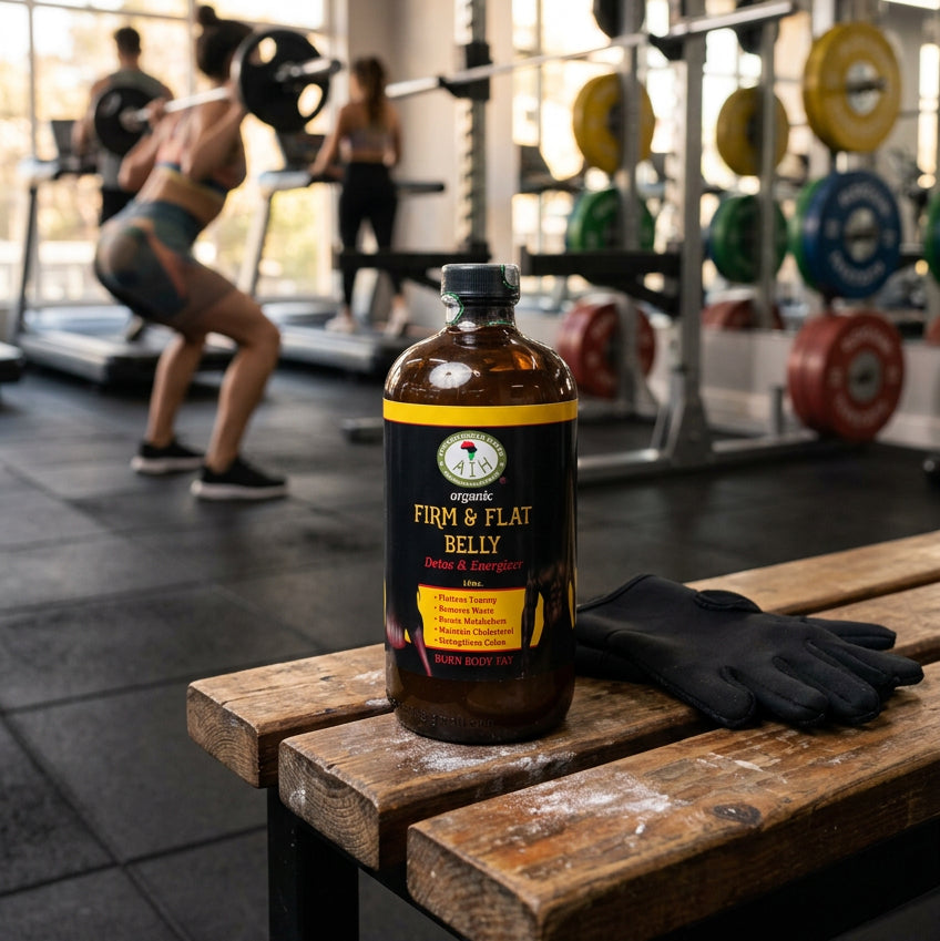 African Indian Herbs Firm & Flat Belly Detox & Energizer bottle on a wooden bench in a gym setting