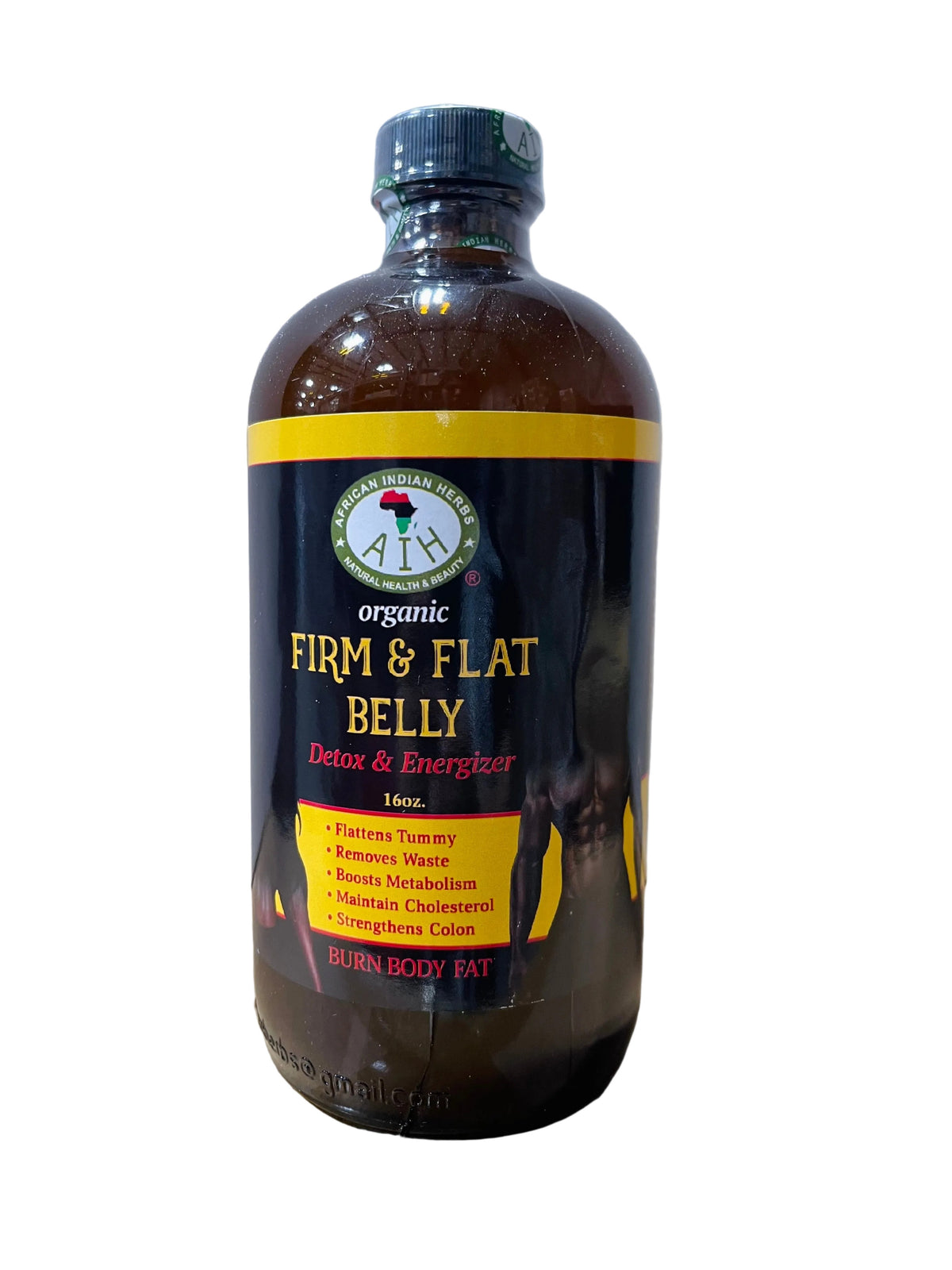 African Indian Herbs Firm & Flat Belly Detox & Energizer bottle with black and yellow Firm & Flat Belly label