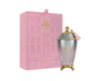 Zimaya Ghali Elegant fluted silver-to-pink urn-shaped bottle with gold feet, domed cap and pink tassel, beside its pink architectural-patterned box on white.