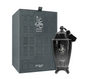 Zimaya Ghali Imperial glossy black urn-shaped perfume bottle with domed cap, black tassel and silver lettering, beside its dark architectural-patterned box on white.