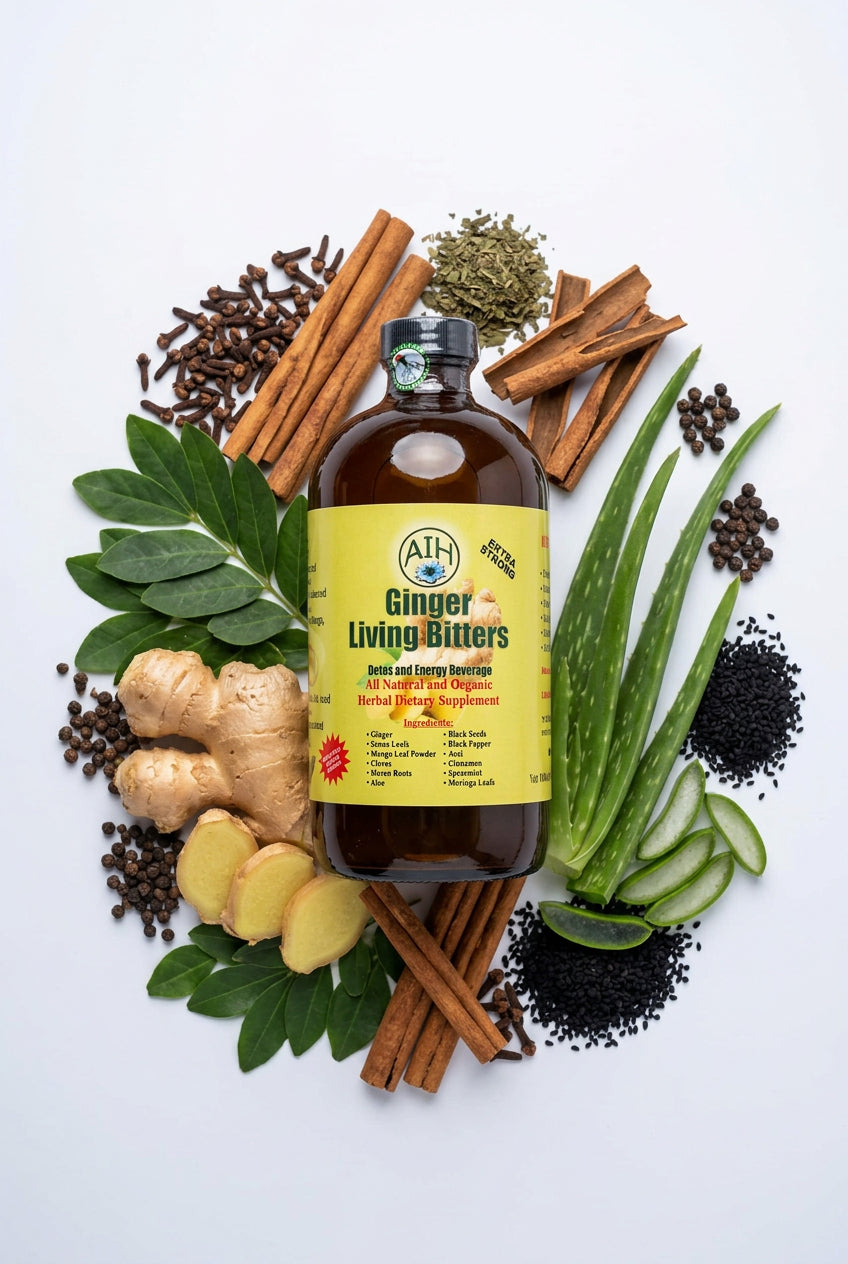 African Indian Herbs Ginger Living Bitter bottle surrounded by ginger, spice and leaf props
