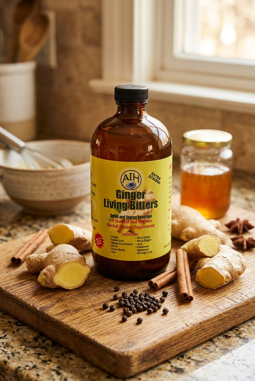 African Indian Herbs Ginger Living Bitter bottle on a kitchen board beside ginger, spices and honey