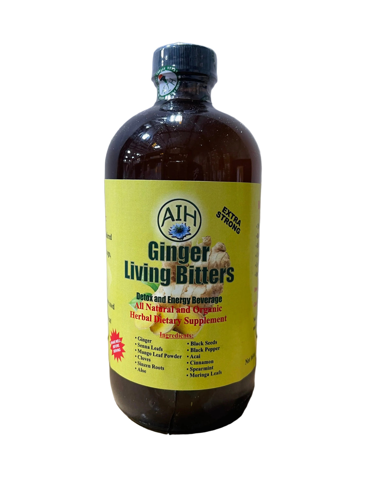 African Indian Herbs Ginger Living Bitter bottle with yellow Ginger Living Bitters label