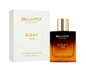 Bellavita Luxury G.O.A.T. Man perfume bottle fading from dark brown to amber, with a gold cap, beside its white and gold box on a white background.