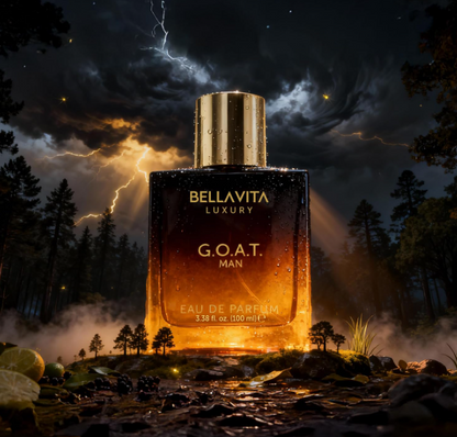 Bellavita G.O.A.T. Man amber bottle with a gold cap and water droplets in a dramatic forest scene with lightning, dark clouds, rocks and citrus fruit.