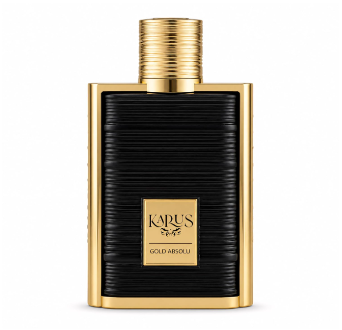 Khadlaj Karus Gold Absolu black horizontally ribbed bottle with polished gold border, rectangular gold nameplate and grooved cylindrical gold cap, isolated on white.
