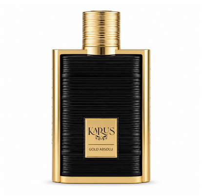Khadlaj Karus Gold Absolu black horizontally ribbed bottle with polished gold border, rectangular gold nameplate and grooved cylindrical gold cap, isolated on white.