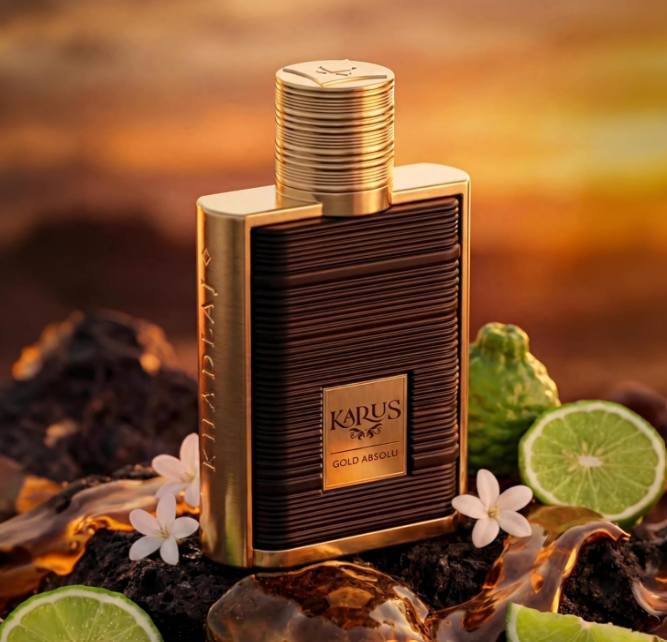 Khadlaj Karus Gold Absolu black-and-gold bottle surrounded by citrus halves, white blossoms, green peel and dark wood, against a glowing orange-brown background.