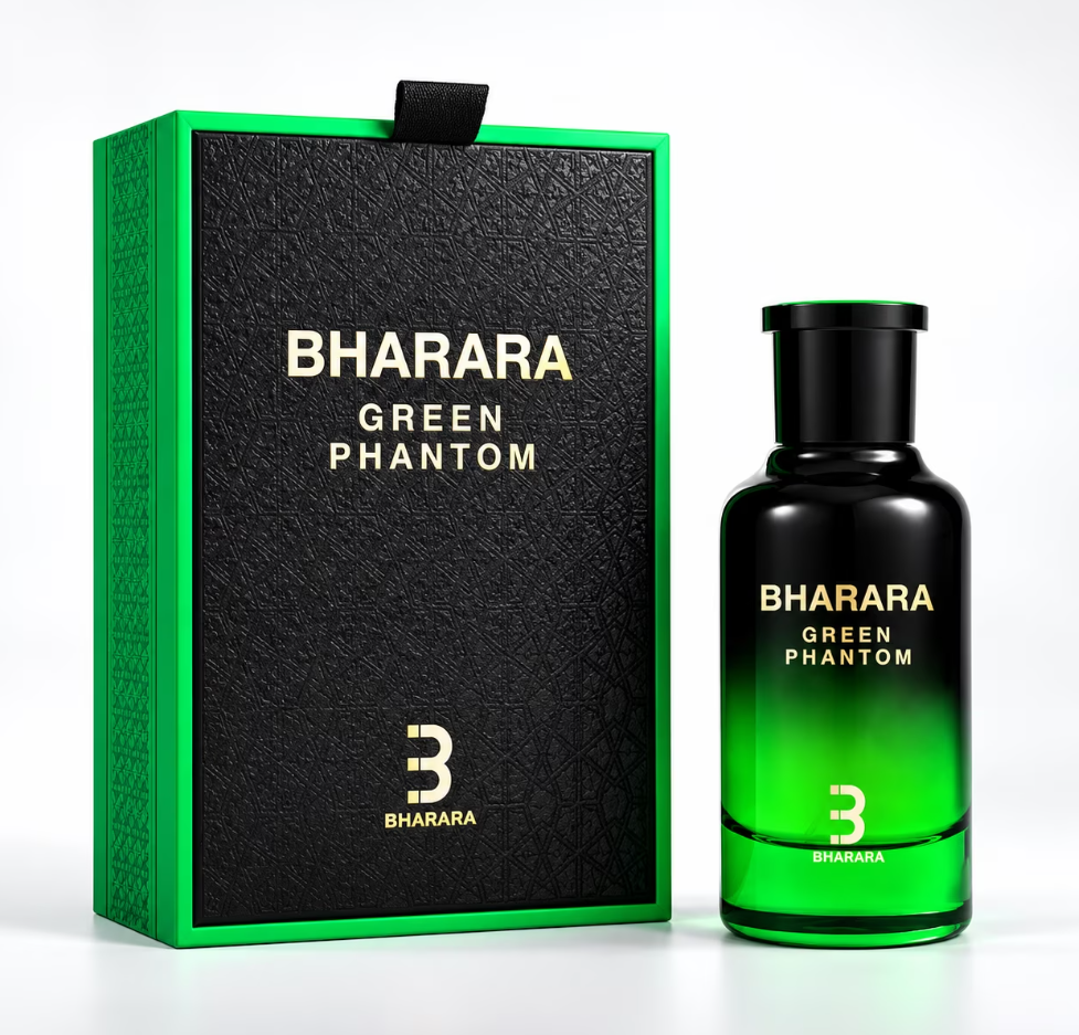 Bharara Green Phantom black-to-green bottle with a black cylindrical cap and gold lettering beside a black textured box edged in bright green on white.