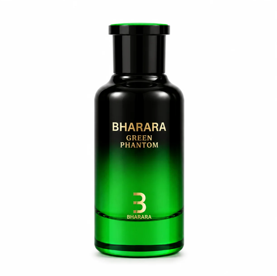 Bharara Green Phantom bottle fading from glossy black shoulders to bright green glass, topped with a black cap and green rim, with gold lettering on white.