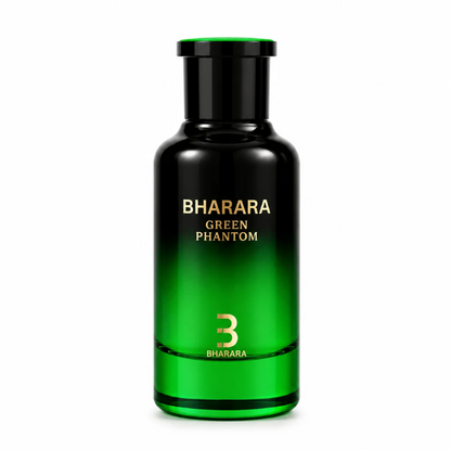 Bharara Green Phantom bottle fading from glossy black shoulders to bright green glass, topped with a black cap and green rim, with gold lettering on white.
