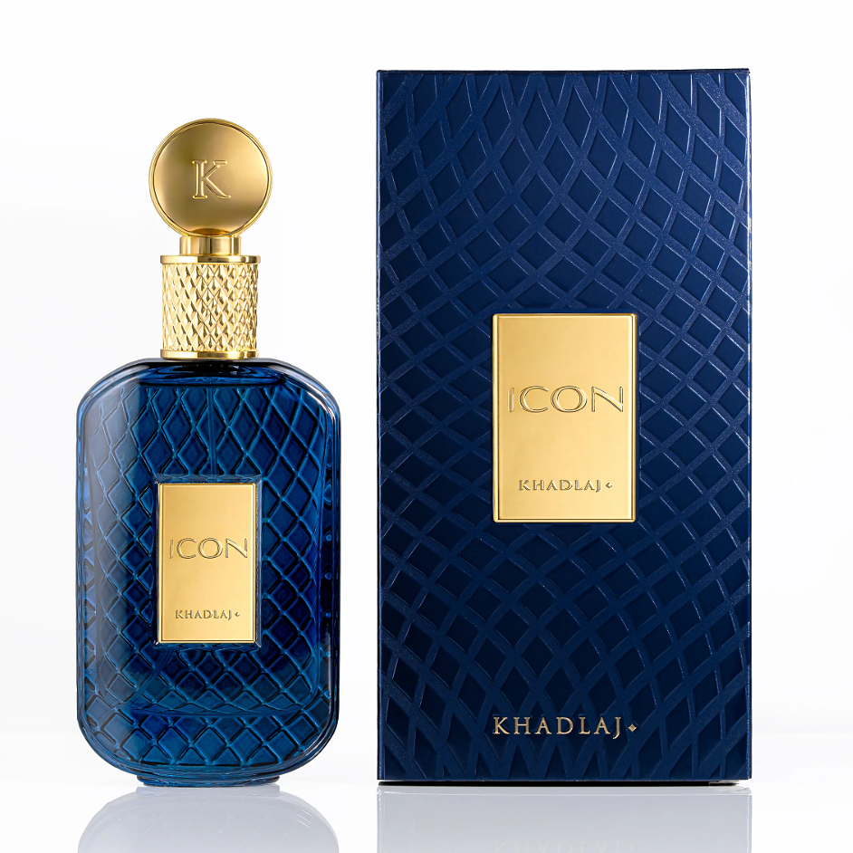 Khadlaj Icon blue diamond-textured bottle with round gold cap beside its navy box