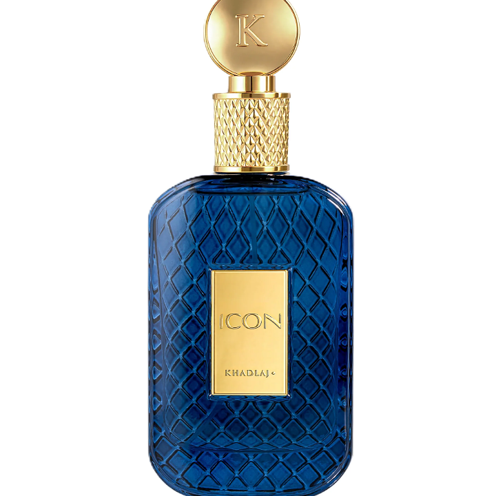Khadlaj Icon front view of the blue textured bottle and round gold cap