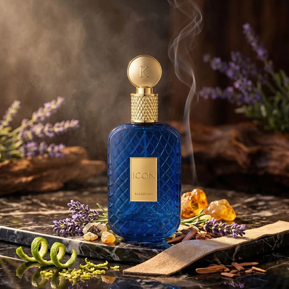 Khadlaj Icon bottle with citrus peel, lavender, wood and amber-colored props