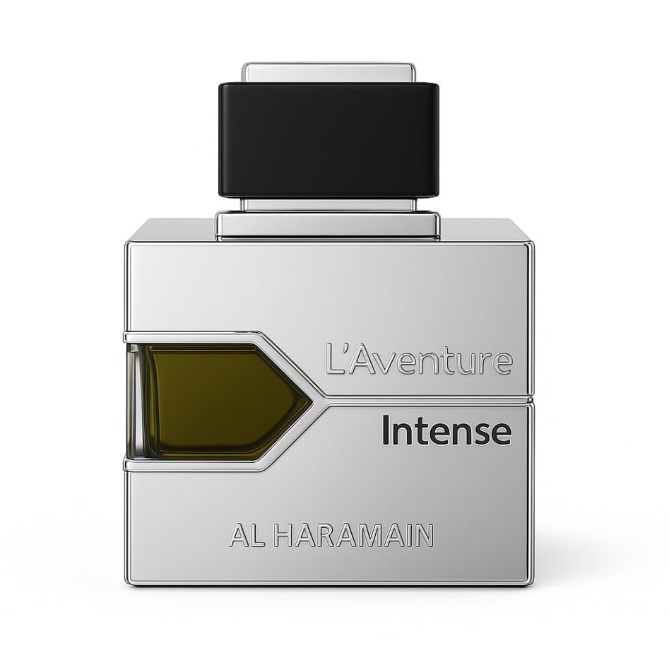 Front view of Al Haramain L'Aventure Intense silver bottle with an amber-filled angular window, black Intense lettering and a black-and-silver cap on white.