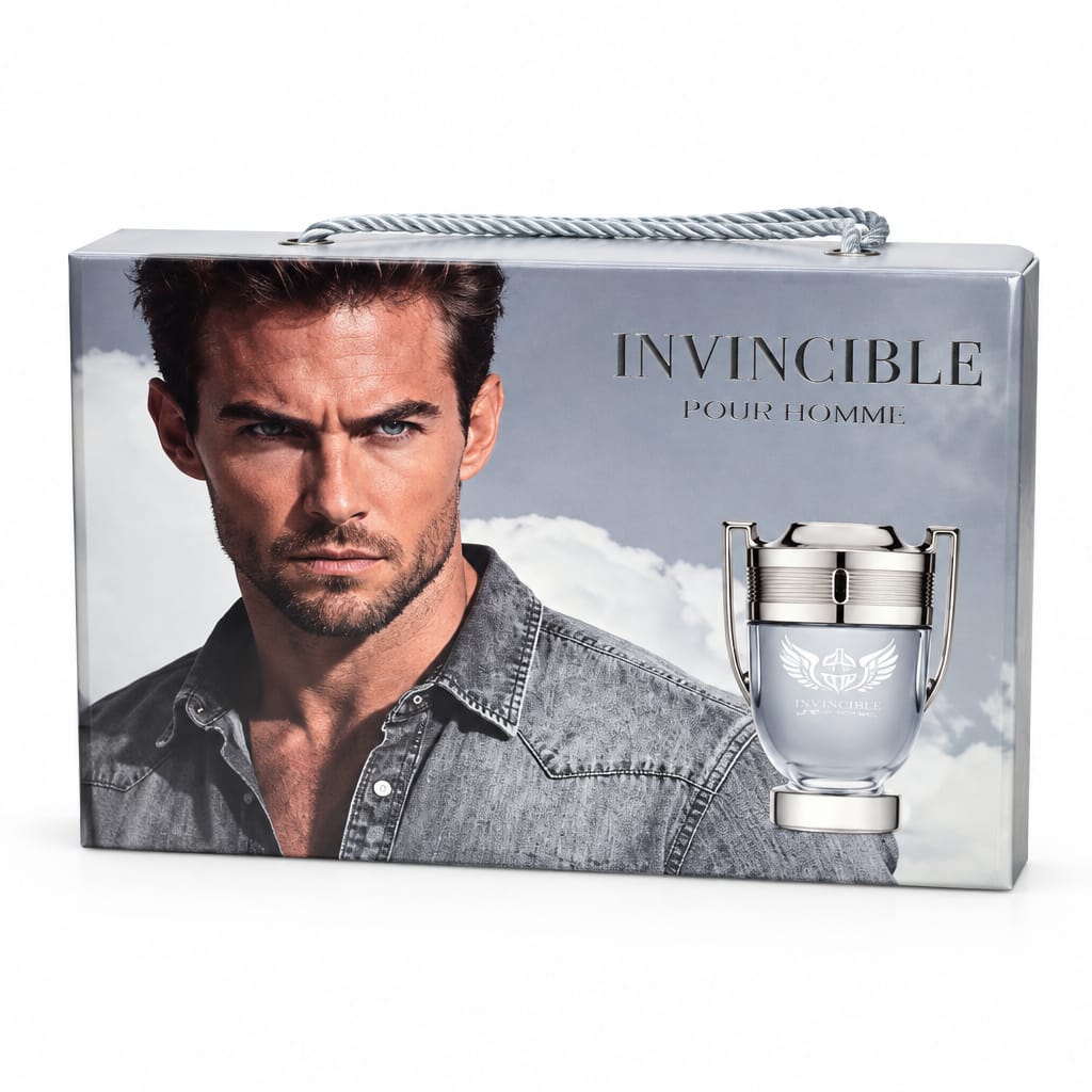 Invincible V14 closed gray gift box with a rope handle