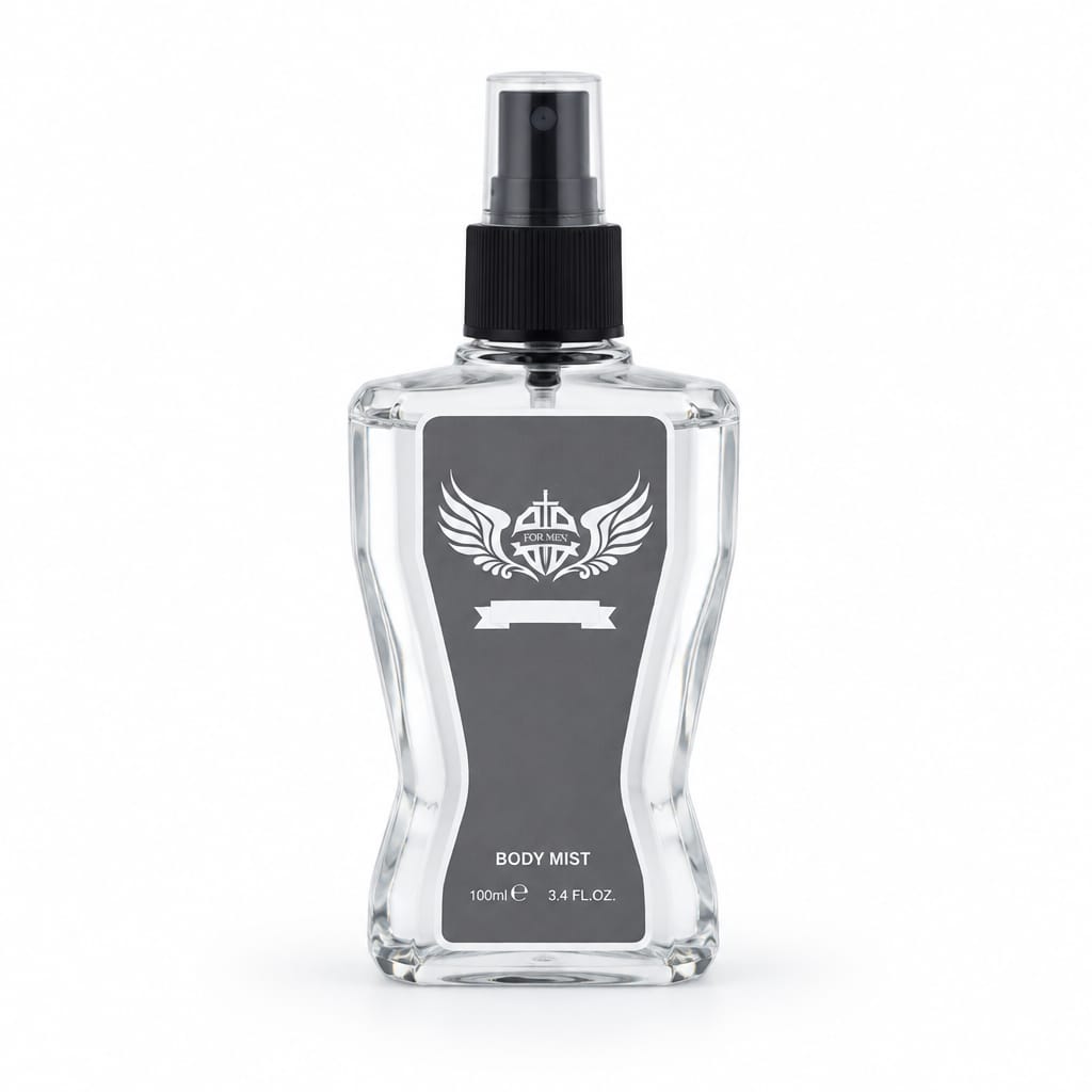 Invincible V14 clear body mist bottle with black spray top