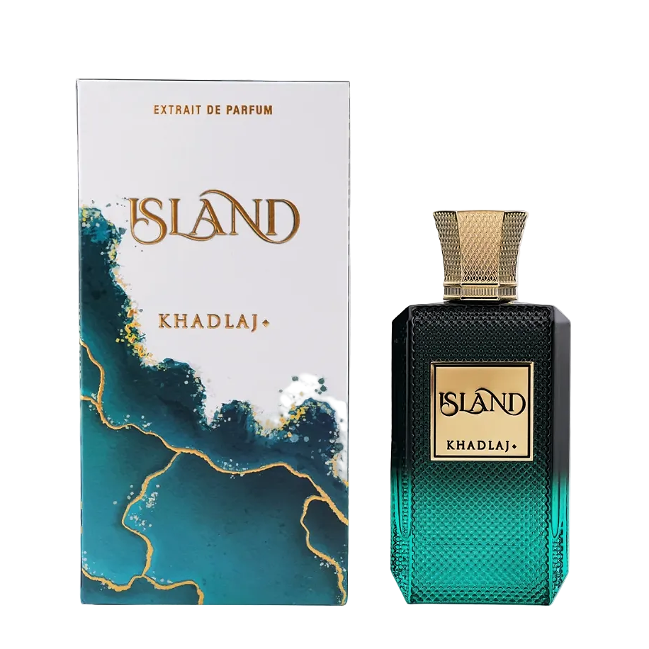 Khadlaj Island turquoise and black textured bottle with gold cap beside its white and aqua box