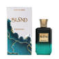 Khadlaj Island turquoise and black textured bottle with gold cap beside its white and aqua box