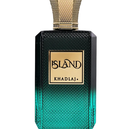 Khadlaj Island front view of the textured turquoise and black bottle with gold cap