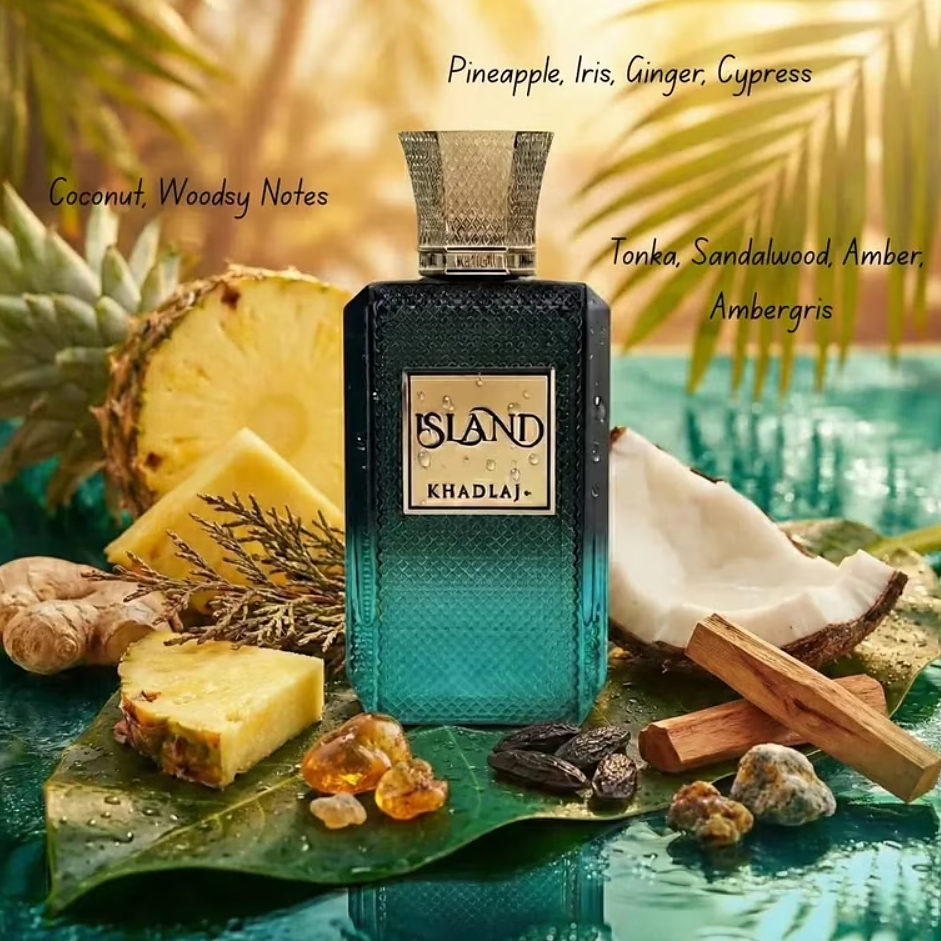 Khadlaj Island bottle with pineapple, coconut and wood props against a tropical water backdrop