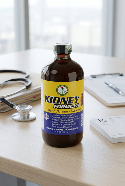African Indian Herbs Kidney Formula bottle on a desk beside a stethoscope and paperwork