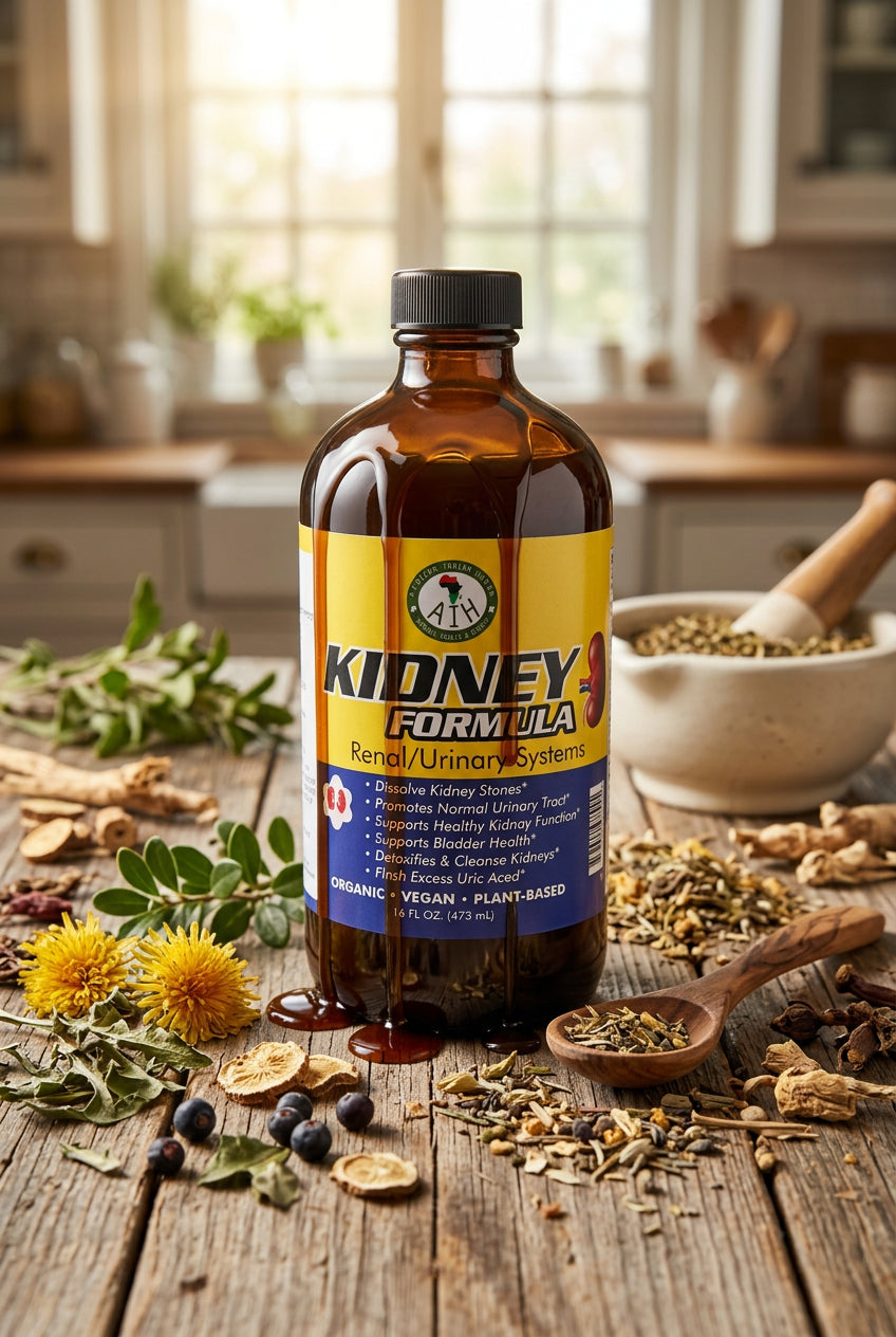 African Indian Herbs Kidney Formula bottle on a wooden table with dried herbs and a mortar